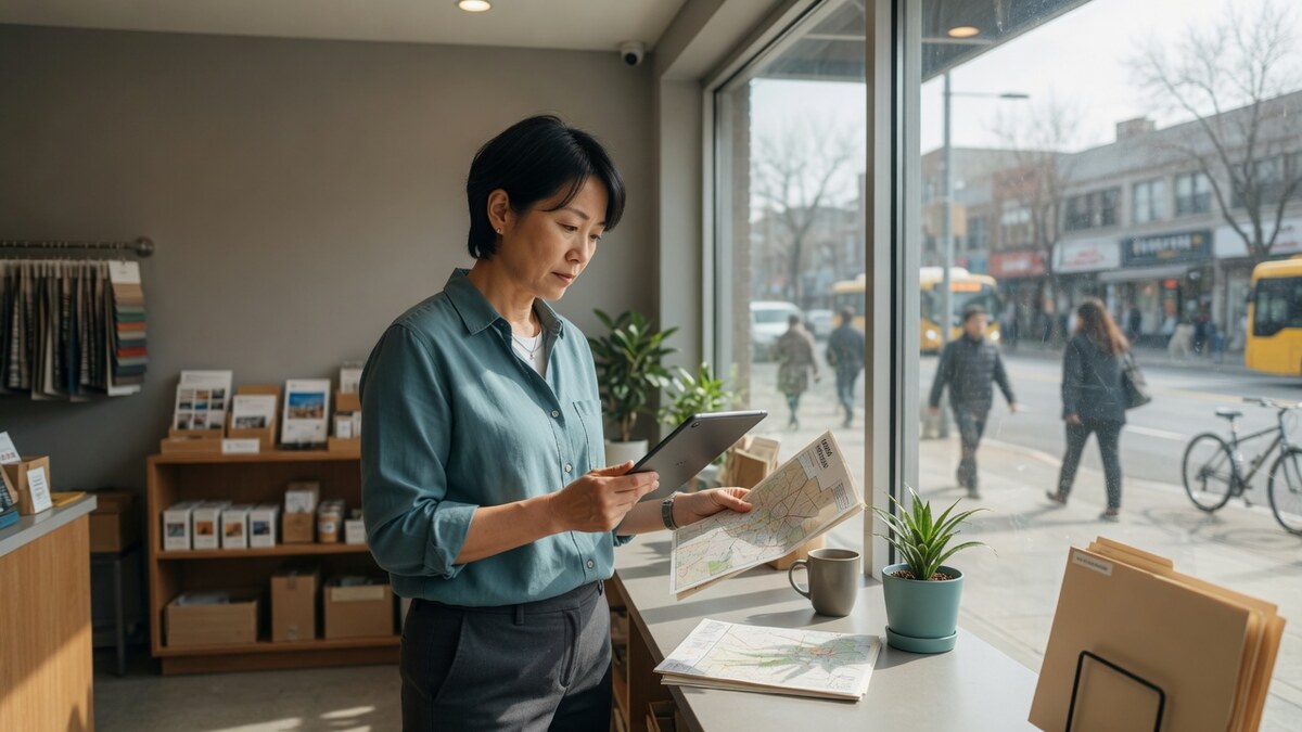 매장 앞에서 태블릿과 종이 자료로 지역 서비스 키워드를 검토하는 사업자