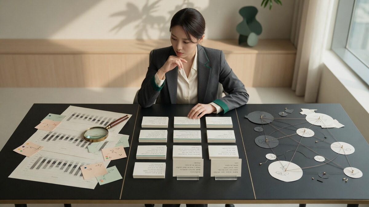 검색 분석 자료, 질문 답변 카드, AI 인용 맵을 세 영역으로 비교하는 마케팅 전략가
